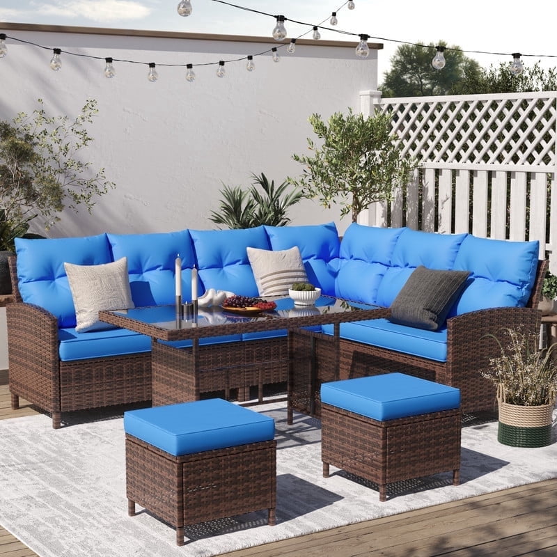 ELPOSUN 7-Piece Outdoor Patio Furniture Set - Sectional Sofa, Dining Table & Chairs Included, All-Weather Conversation Set with Ottoman, Gray Rattan,Gray