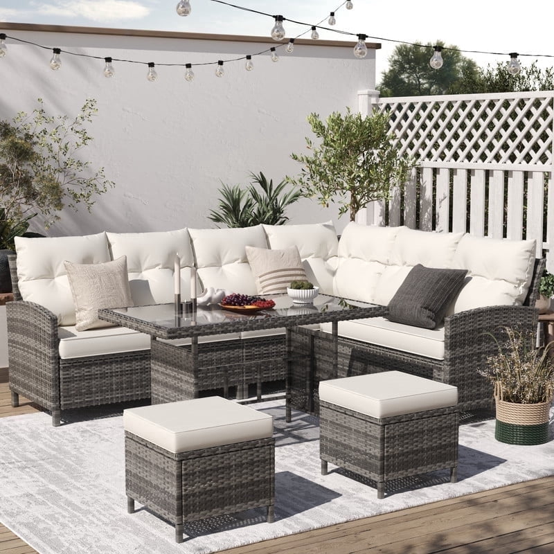 ELPOSUN 7-Piece Outdoor Patio Furniture Set - Sectional Sofa, Dining Table & Chairs Included, All-Weather Conversation Set with Ottoman, Gray Rattan,Gray