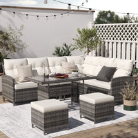 ELPOSUN 7-Piece Outdoor Patio Furniture Set - Sectional Sofa, Dining Table & Chairs Included, All-Weather Conversation Set with Ottoman, Gray Rattan,Gray