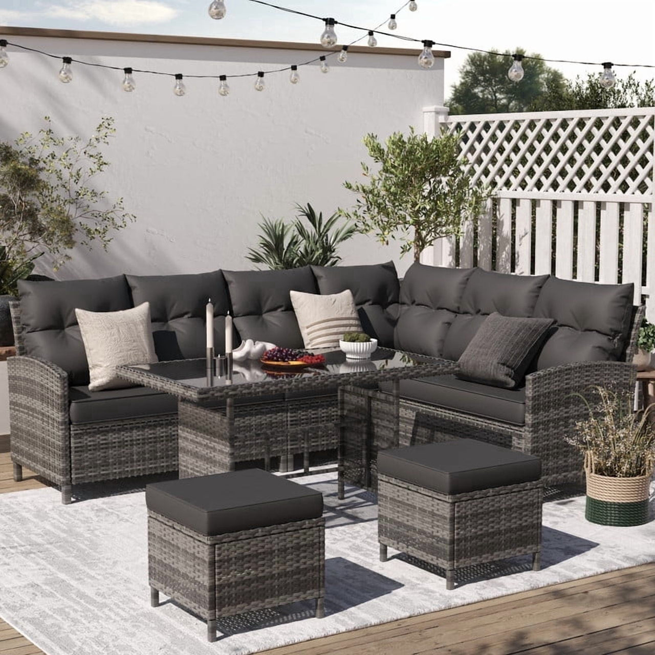 ELPOSUN 7-Piece Outdoor Patio Furniture Set - Sectional Sofa, Dining Table & Chairs Included, All-Weather Conversation Set with Ottoman, Gray Rattan,Gray