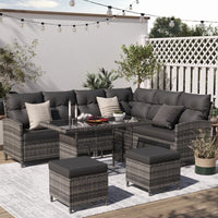 ELPOSUN 7-Piece Outdoor Patio Furniture Set - Sectional Sofa, Dining Table & Chairs Included, All-Weather Conversation Set with Ottoman, Gray Rattan,Gray