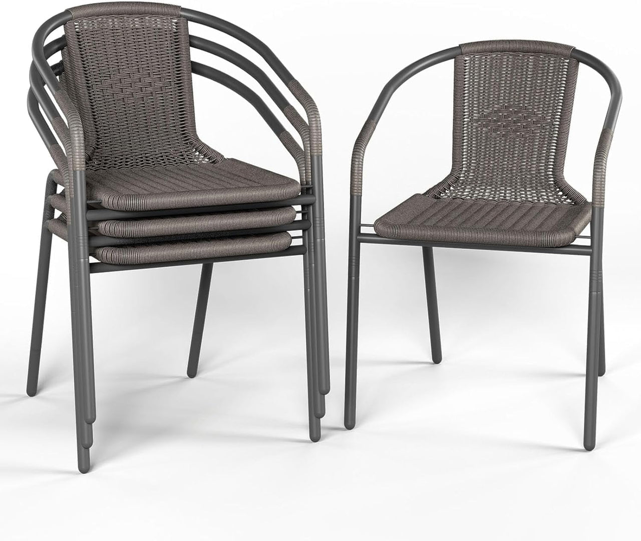 ELPOSUN Outdoor Dining Chairs Set of 4, Wicker Patio Chairs with Metal Frame, Rattan Indoor-Outdoor Chairs for Bistro, Deck, Backyard, Porch, Restaurant Stack Chair 4 Pack （Gray）