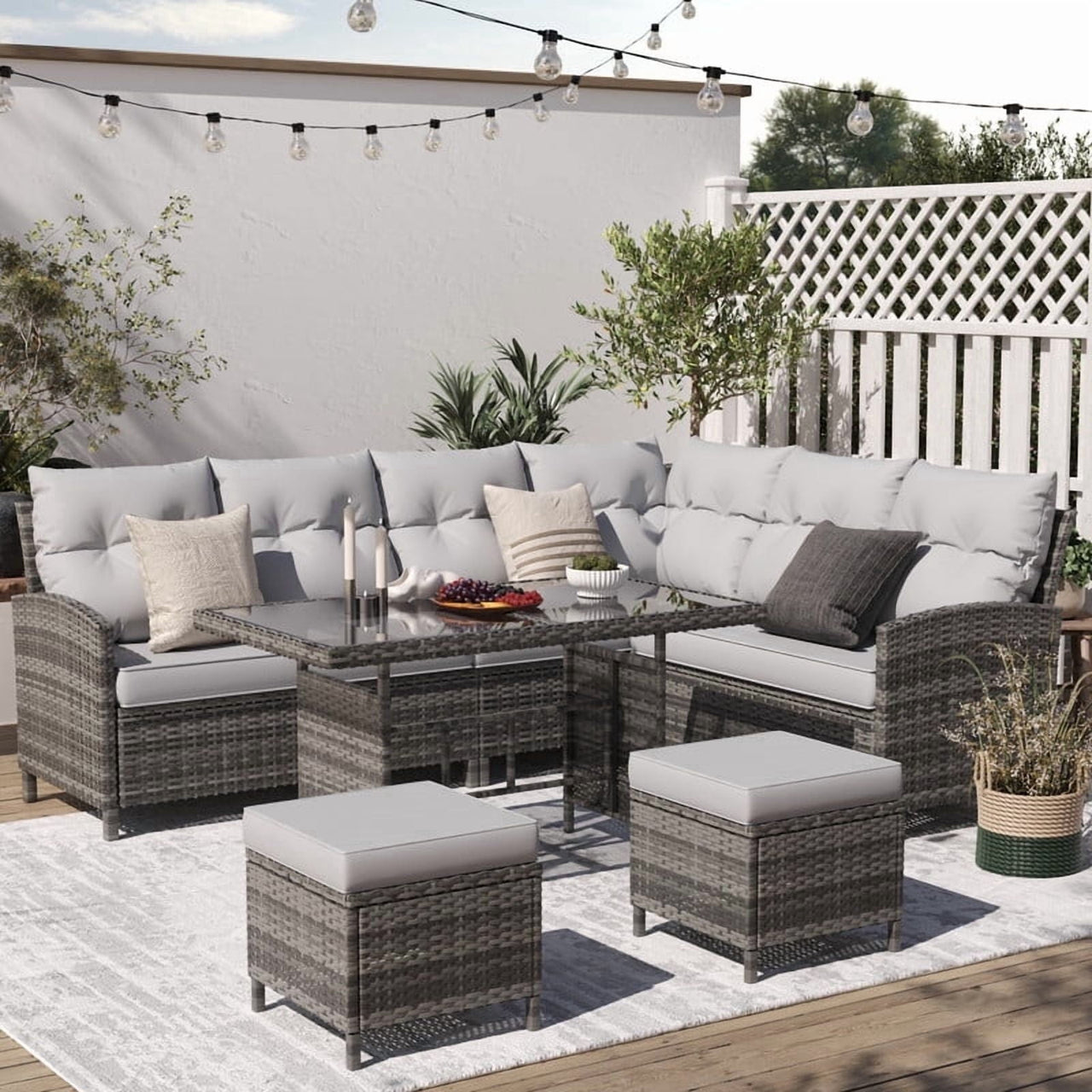 ELPOSUN 7-Piece Outdoor Patio Furniture Set - Sectional Sofa, Dining Table & Chairs Included, All-Weather Conversation Set with Ottoman, Gray Rattan,Gray
