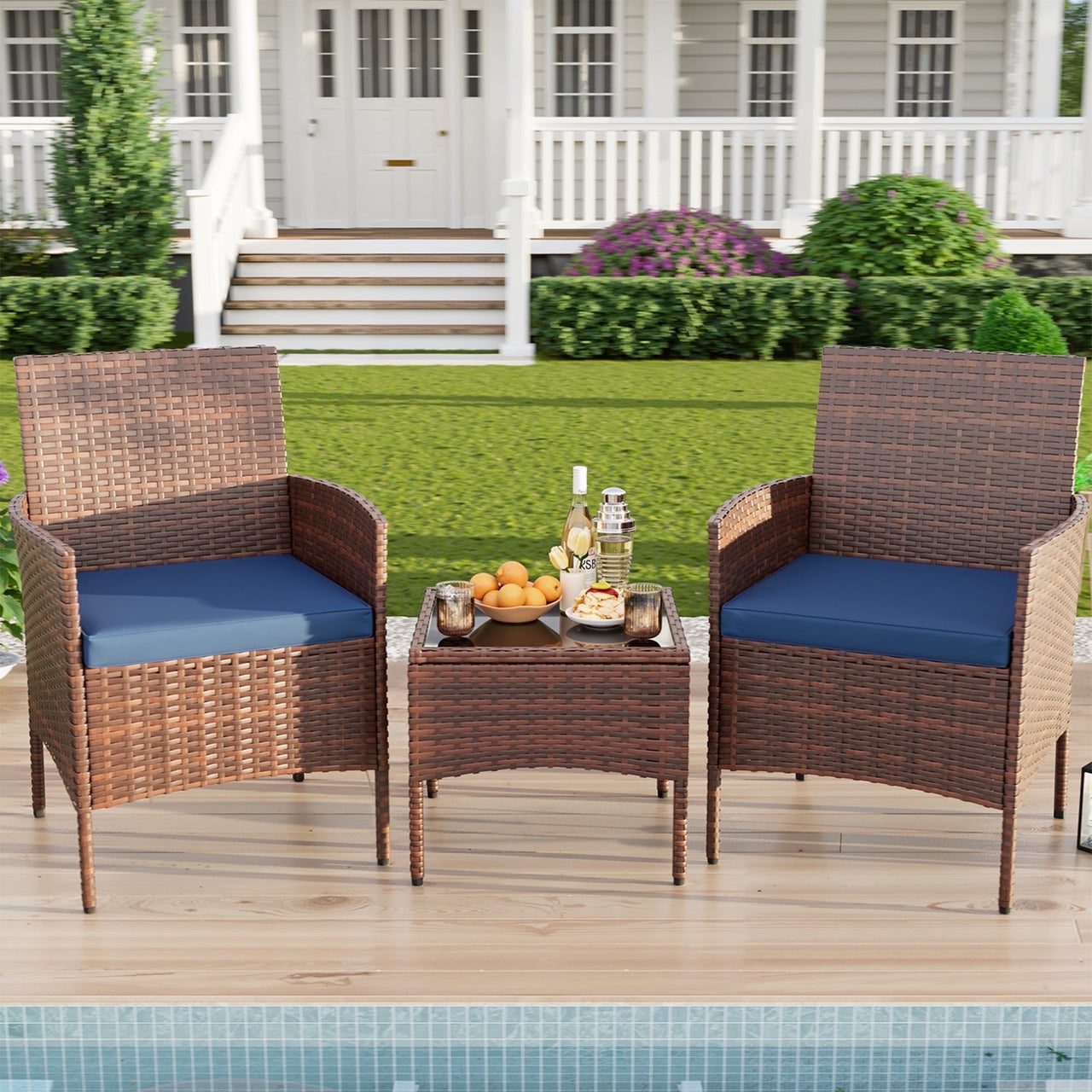 ELPOSUN 4 Pieces Patio Furniture Set, All-Weather Wicker Outdoor Furniture Set for Porch, Patio Conversation Set for Backyard, Balcony, Brown/Blue