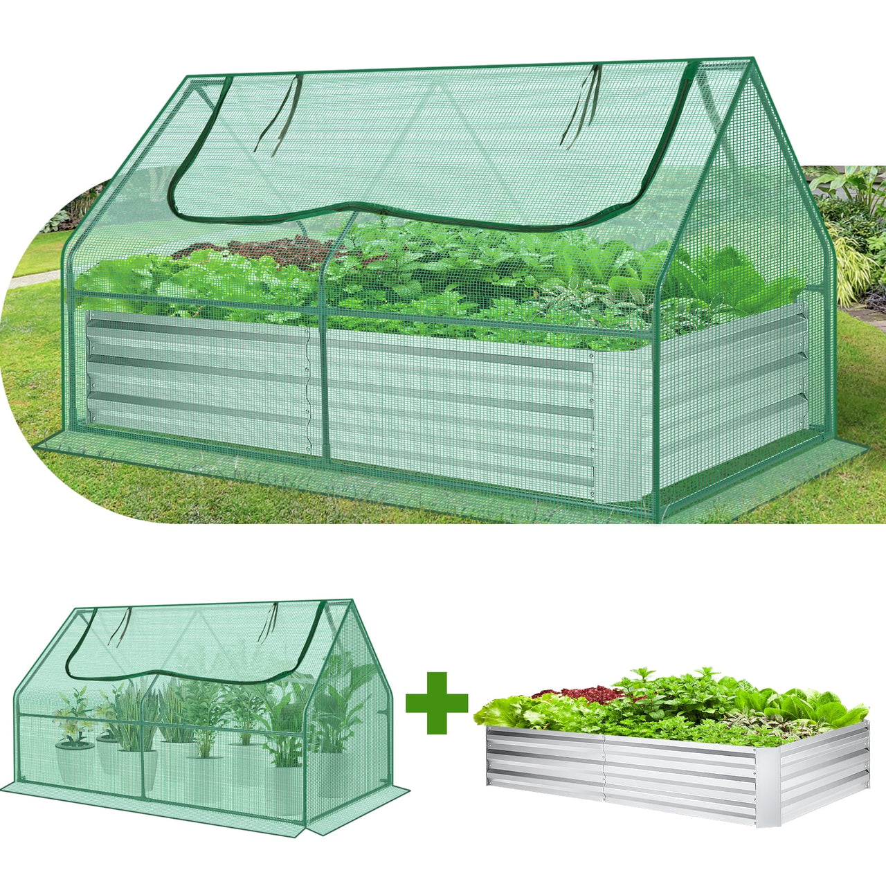 Funcid Galvanized Raised Garden Bed with Cover, Outdoor Metal Planter Box 2 Roll-Up Windows Mini Greenhouse for Growing Flowers Fruits Vegetables and Herbs, 6x3x3ft(Clear)