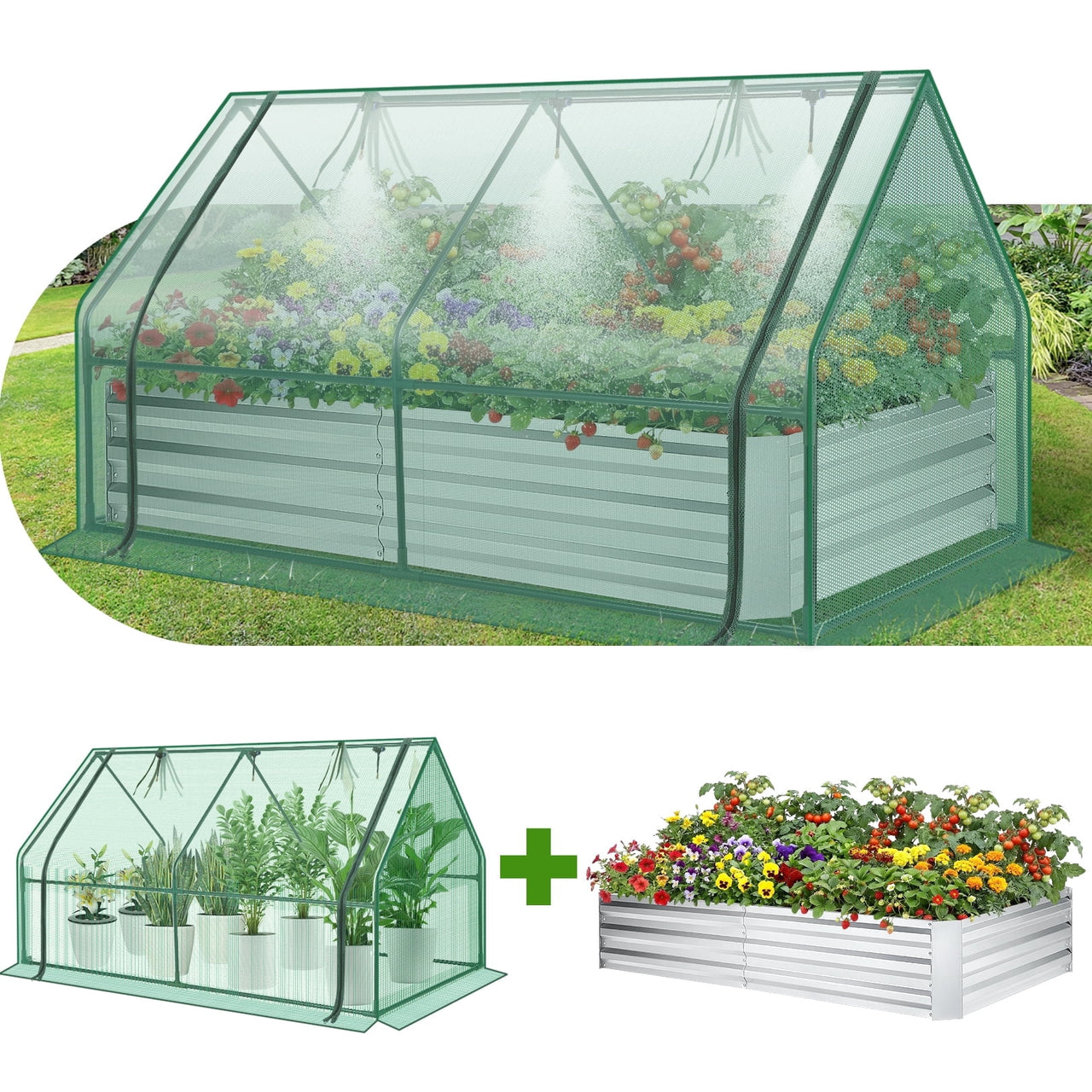 Funcid Galvanized Raised Garden Bed with Cover, Outdoor Metal Planter Box 2 Roll-Up Windows Mini Greenhouse for Growing Flowers Fruits Vegetables and Herbs, 6x3x3ft(Clear)