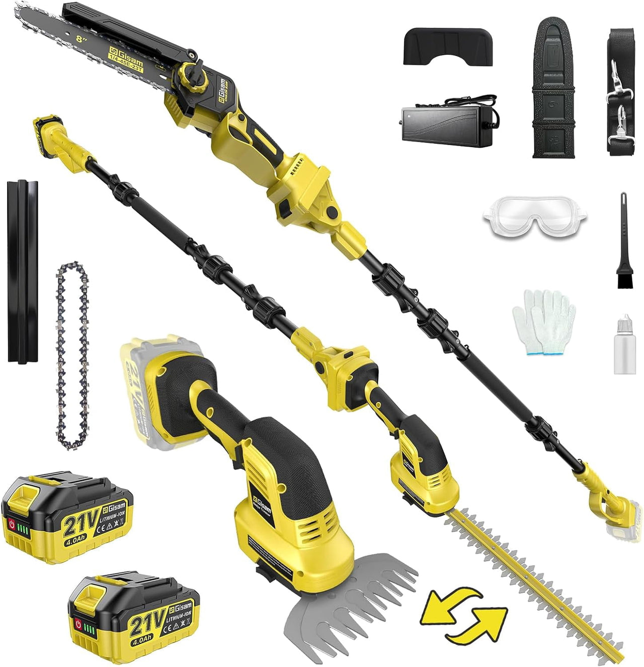 Gisam 6-in-1 Mini Chainsaw & Hedge Trimmer, 8-Inch Electric Chainsaw, 2×4.0Ah Batteries, Brushless Motor 2500W, 0-180° Adjustable,  4.5m Hedge Cutting