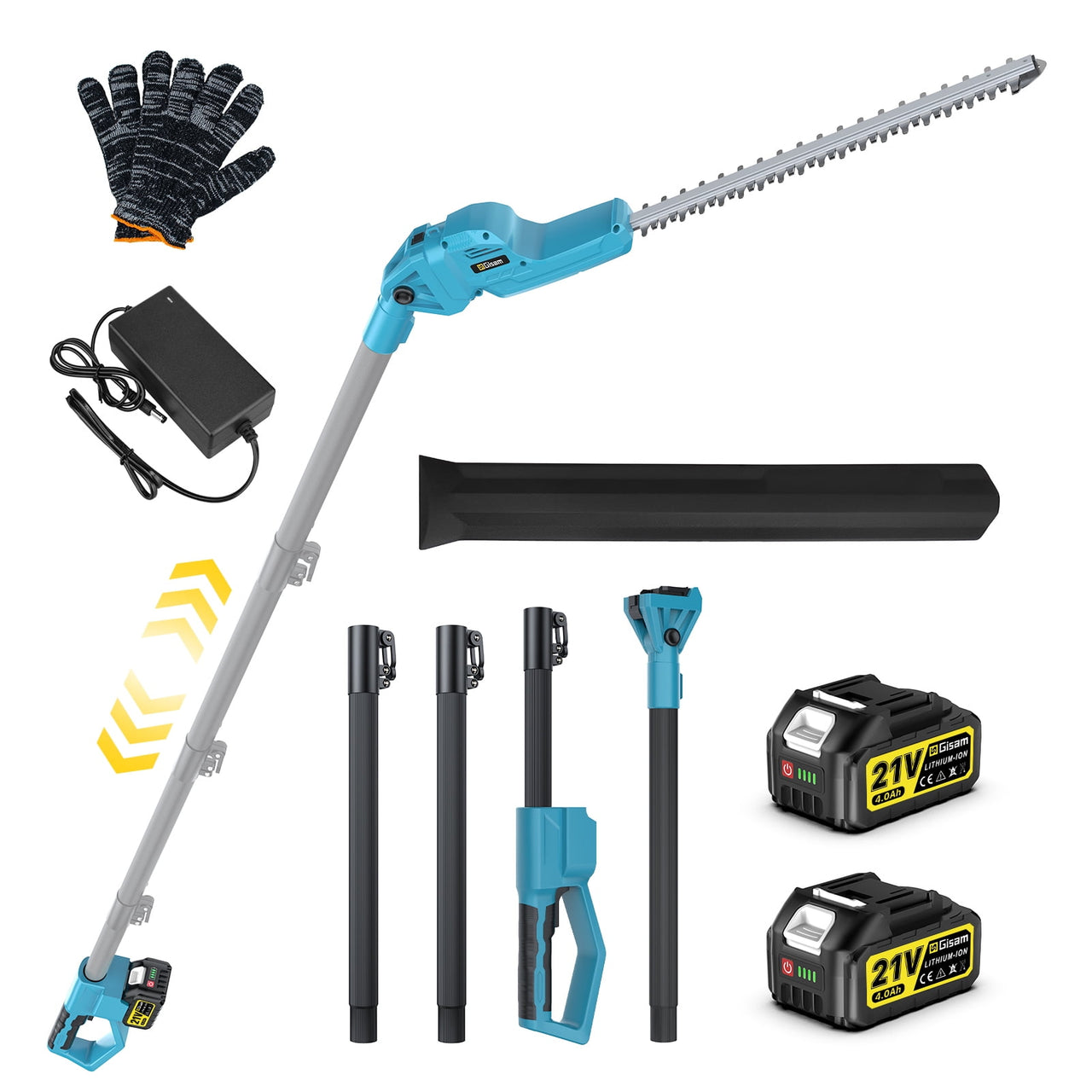 Gisam 21V MAX Brushless Pole Hedge Trimmer Cordless, 20.5" Dual-Action Blade, 180° Adjustable Head Electric Bush Trimmer, 2×4000mAh Batteries, Up to 14.9FT Reach Battery Powered Hedge Trimmers for Sh