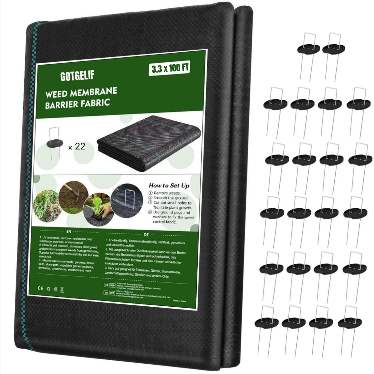 BSHAPPLUS® 3.3x50ft Weed Barrier Fabric,3.2OZ Landscape Fabric,Heavy Duty Geotextile Fabric with 12 U-Shaped Securing Pegs,Woven Ground Cover for Commercial Greenhouse,Yard,Garden Barrier Cloth
