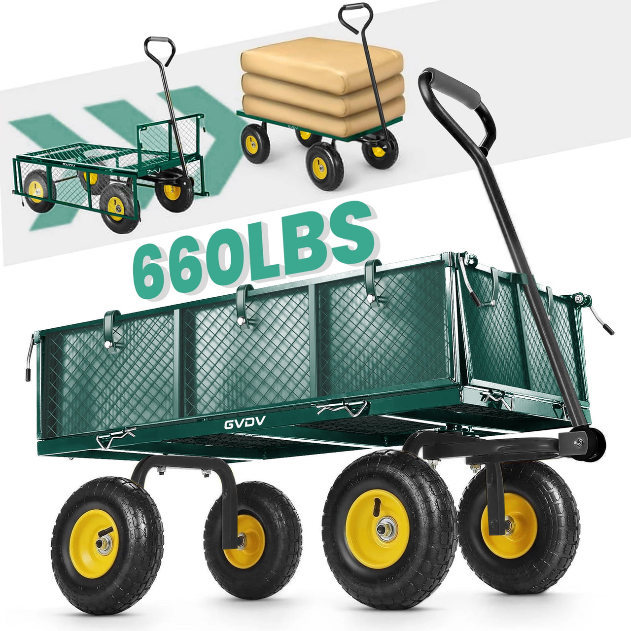 GVDV Heavy Duty Steel Garden Cart with Liner, 660lbs Capacity, 3 Cu ft, 10" All-Terrain Wheels, Black/Yellow – Durable Utility Cart for Yard Work, Hauling, and Outdoor Use