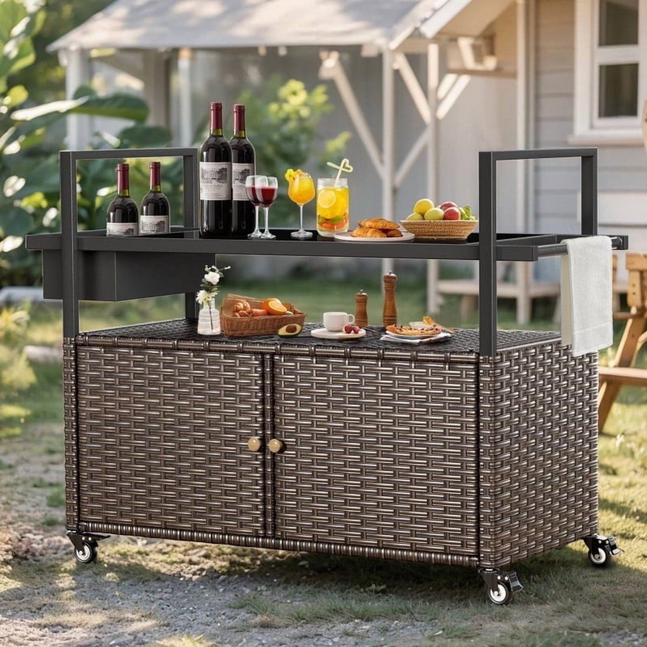Gymojoy Outdoor Dining Cart Table, Patio Grill Cart with Tempered Glass Top,Wicker Storage Cabinet, Lockable Wheels and Side Basket for Garden, Poolside & Backyard, Brown