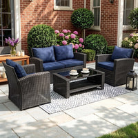 HOYOA Wicker Patio Furniture Set, 4 Piece Outdoor Sectional Conversation Sets, Grey PE Rattan Patio Sofa Set for Balcony, Porch, Backyard, Blue