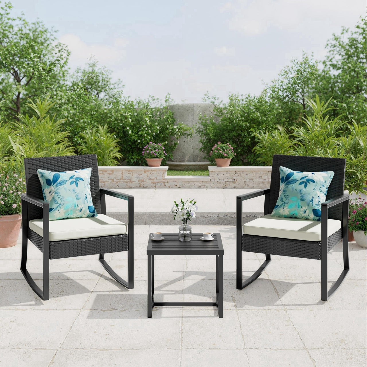 JORVIMAX Patio Conversation Set Outdoor Furniture Set Porch Bistro Set Rocking Chairs With Coffee Table Beige
