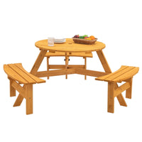 JXXRZ 6-Person Circular Outdoor Wooden Picnic Table w/ 3 Built-In Benches, 500lbs Capacity Per Bench- Natural