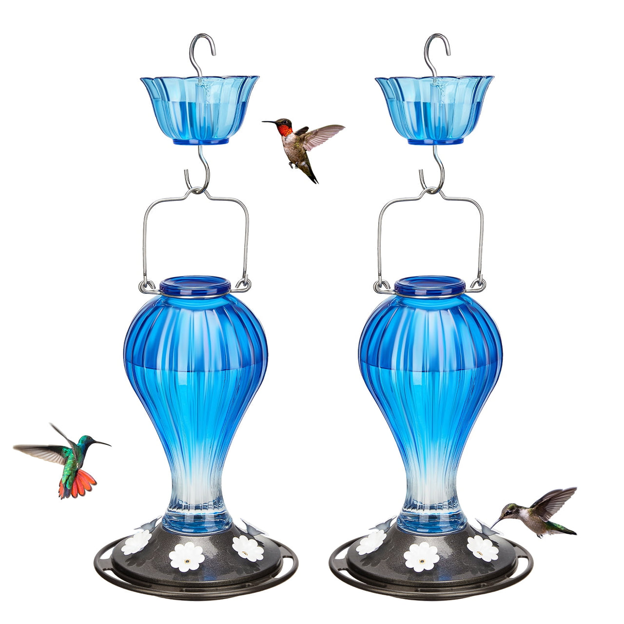 Kingsyard 2 Pack Glass Hummingbird Feeder with Ant Moat for Outdoors, 24 oz, 6 Feeding Ports, Blue