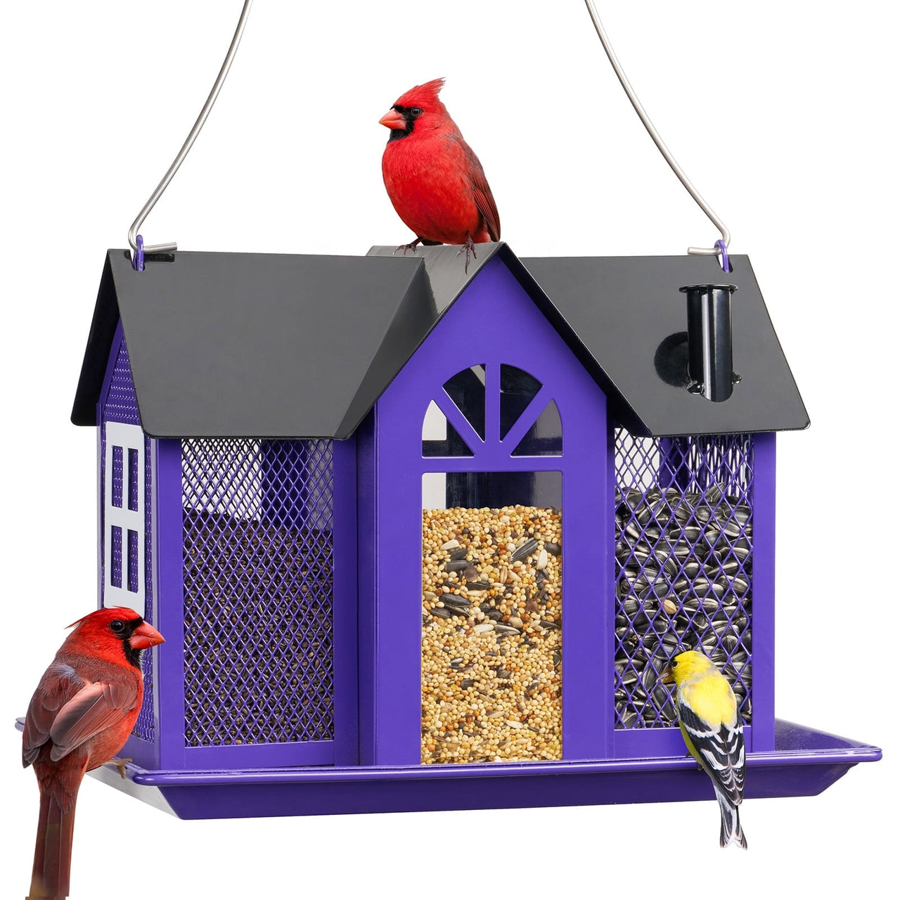 Kingsyard Weatherproof Metal Bird Feeder House, Triple Feeders for Outside Finch Cardinal, White