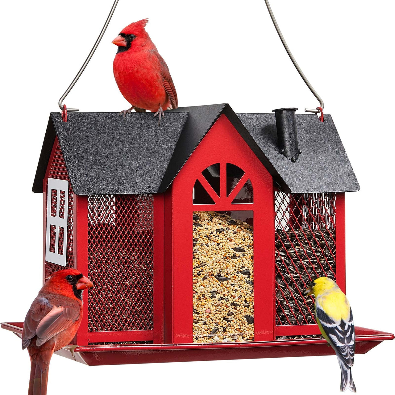 Kingsyard Weatherproof Metal Bird Feeder House, Triple Feeders for Outside Finch Cardinal, White