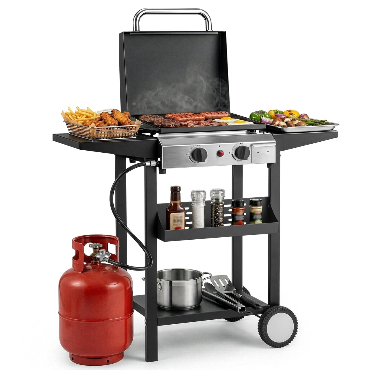 Ktaxon 2 Burner Propane Griddle Flat Top Gas Grill 20000 BTU with Lid,Ceramic Coated Cast Iron Pan,Side Shelves,Spice Rack,Wheels