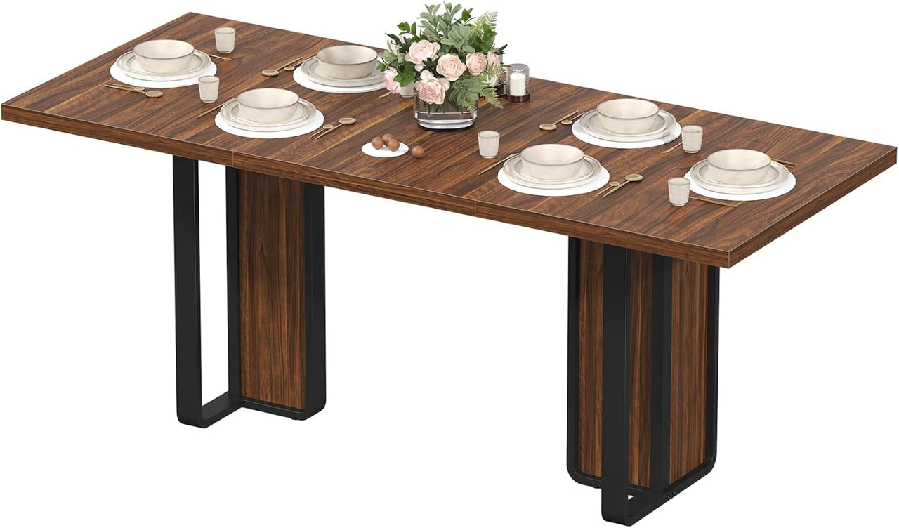 HAUXITIO 63 Inch Dining Table for 6 People, All-Weather Rectangular Table with Solid Wood Legs for Indoor & Outdoor Use,Natural