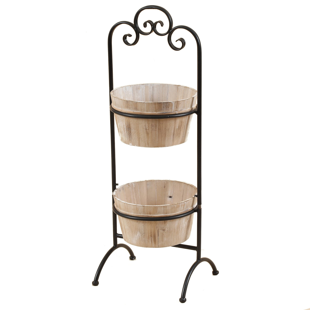 LuxenHome 2-Tier Wood Cachepot Planters with Black Metal Stand
