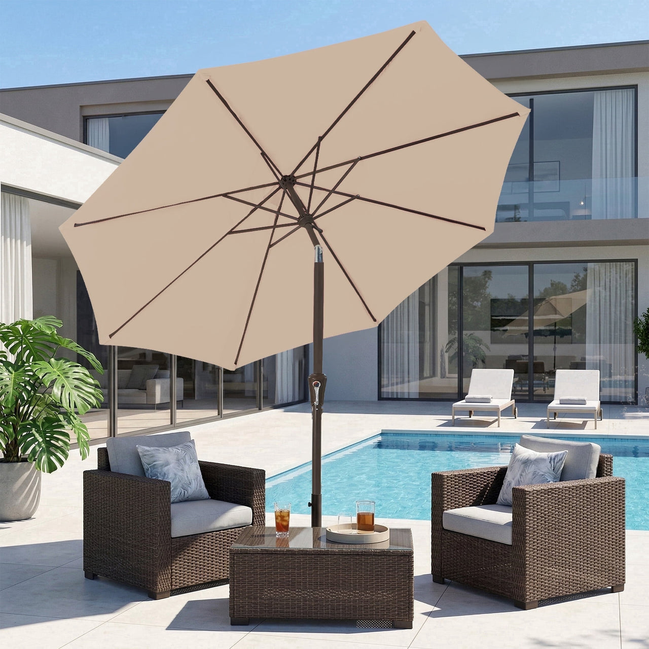 NAPWANT 9ft Patio Umbrella, 8 Sturdy Ribs Outdoor Table Umbrella with Push-Button Tilt & Crank for Garden, Deck, and Pool White