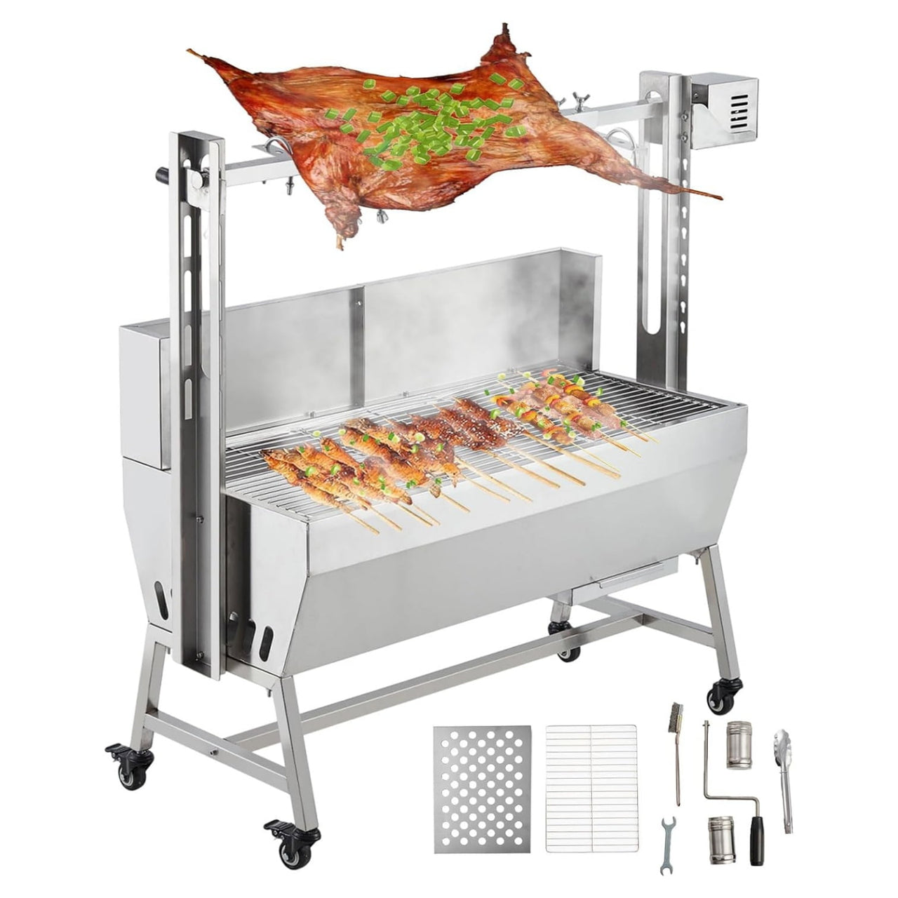 Outdoor Rotisserie Grill with Wind Screen, 132~200LB Capacity Electric Bbq Pig Lamb Stainless Steel Rotisserie Roaster with 25/50W Motor, Charcoal Spit Roaster Grill
