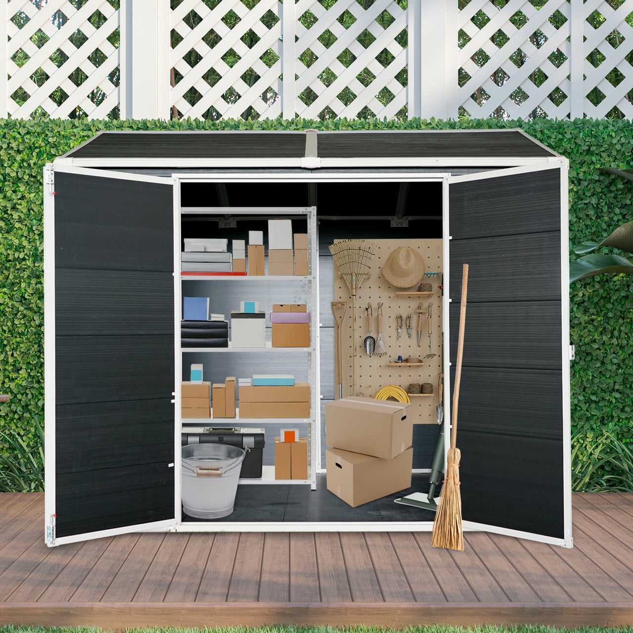 Outdoor Storage Shed, 6x8 FT Resin Sheds and Outdoor Storage With Floor, Padlockable Double Doors, Air Vents, Outside Storage Building For Backyard Lawn Patio