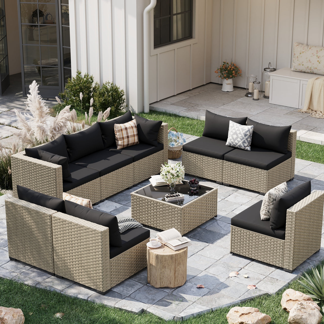POTEBAN 7 Pieces Outdoor Patio Furniture Set, Grey Rattan Wicker Outdoor Conversation Sectional Sofa Set with Cushions for Backyard, Green