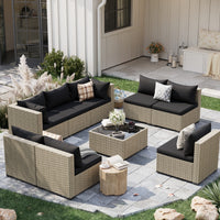 POTEBAN 7 Pieces Outdoor Patio Furniture Set, Grey Rattan Wicker Outdoor Conversation Sectional Sofa Set with Cushions for Backyard, Green