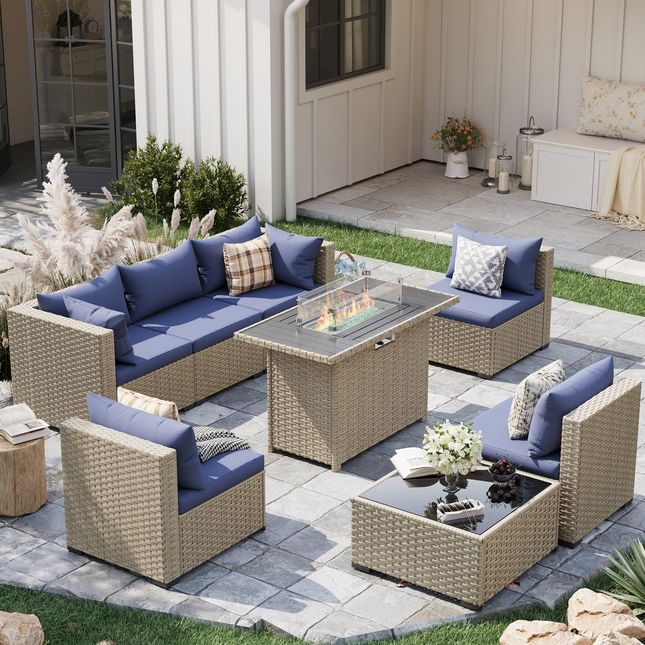 POTEBAN 7 Pieces Outdoor Patio Furniture Set, Grey Rattan Wicker Outdoor Conversation Sectional Sofa Set with Cushions for Backyard, Green