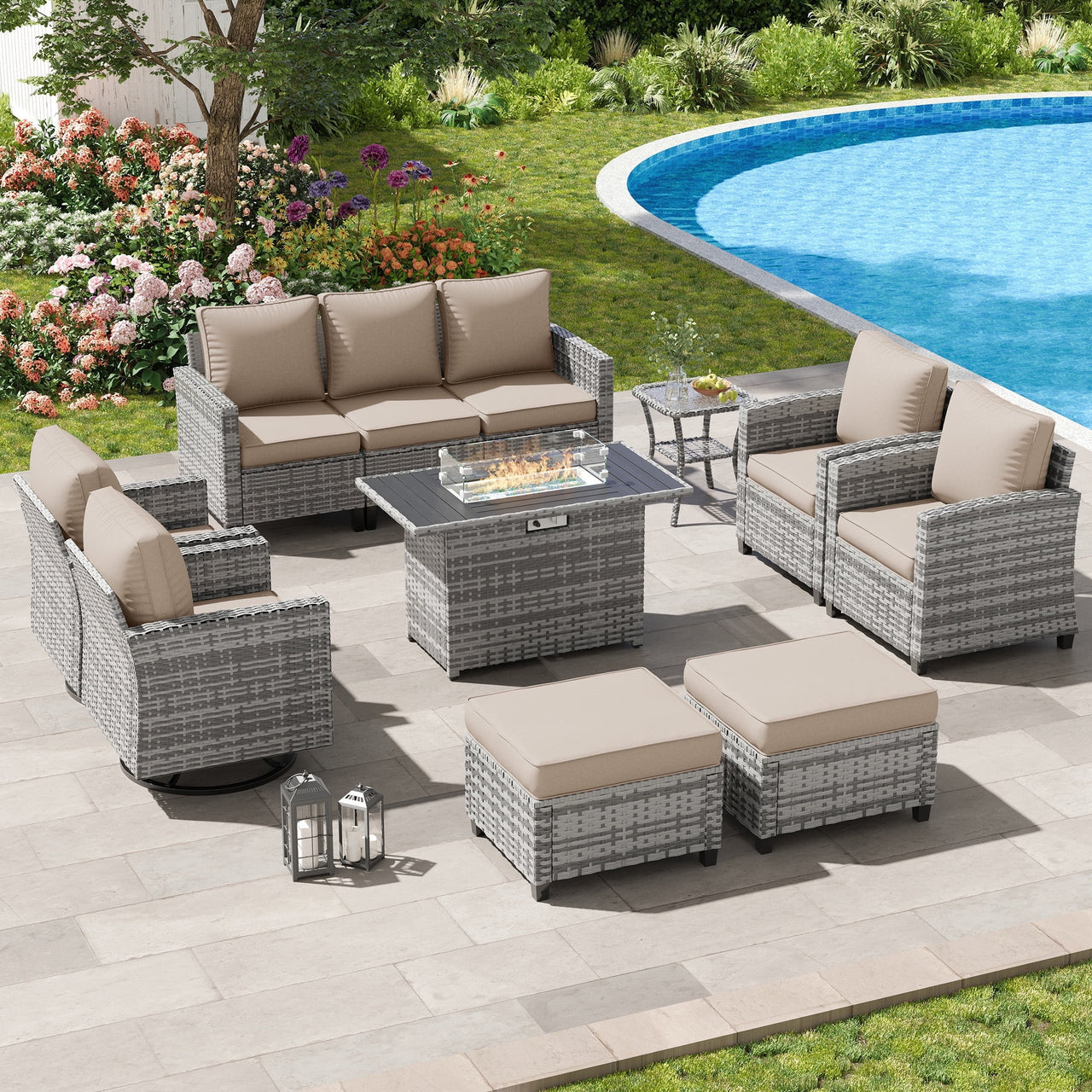 POTEBAN Patio Furniture Set with 44" Fire Pit Table, 7 Pieces Outdoor Sectional Couch, Black Wicker Rattan Conversation Sofa with Swivel Chair for Garden Backyard Deck, Dark Grey