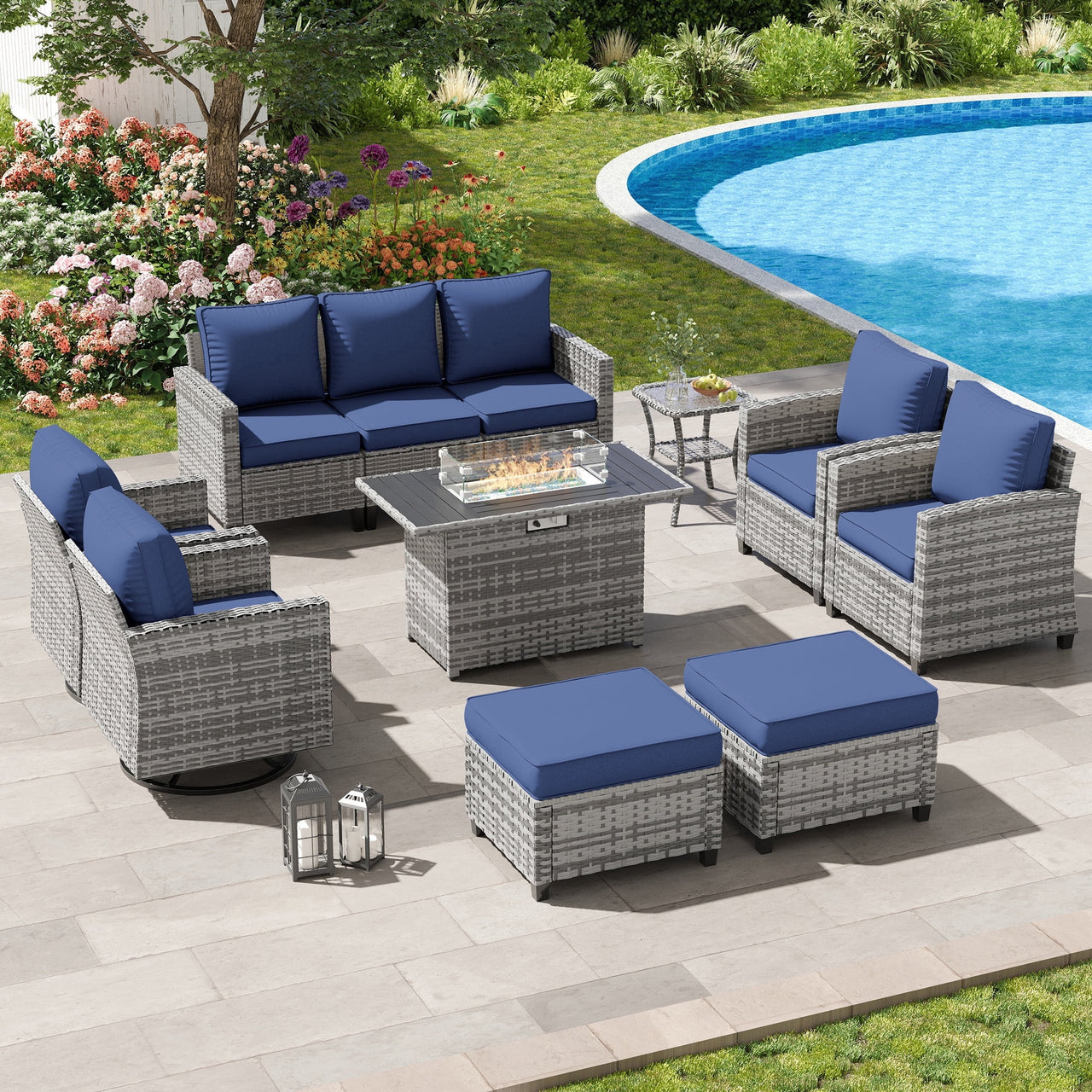 POTEBAN Patio Furniture Set with 44" Fire Pit Table, 7 Pieces Outdoor Sectional Couch, Black Wicker Rattan Conversation Sofa with Swivel Chair for Garden Backyard Deck, Dark Grey