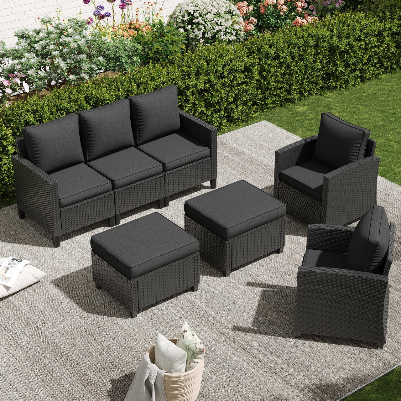POTEBAN Patio Furniture Set with 44" Fire Pit Table, 7 Pieces Outdoor Sectional Couch, Black Wicker Rattan Conversation Sofa with Swivel Chair for Garden Backyard Deck, Dark Grey