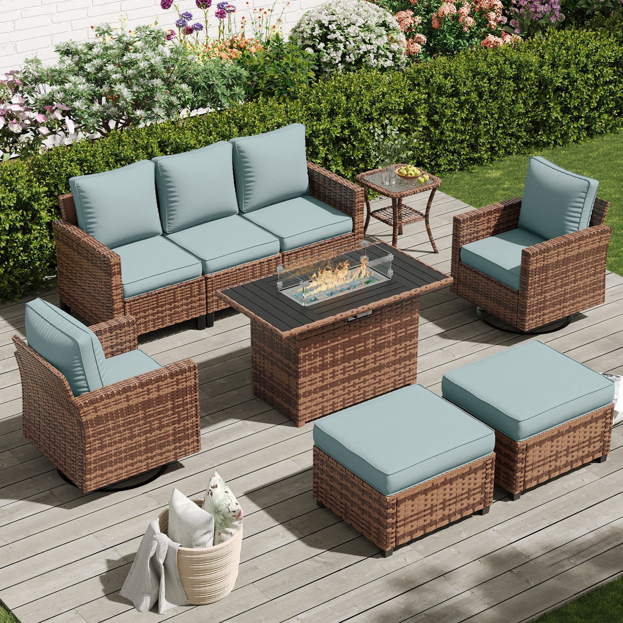 POTEBAN Patio Furniture Set with 44" Fire Pit Table, 7 Pieces Outdoor Sectional Couch, Black Wicker Rattan Conversation Sofa with Swivel Chair for Garden Backyard Deck, Dark Grey