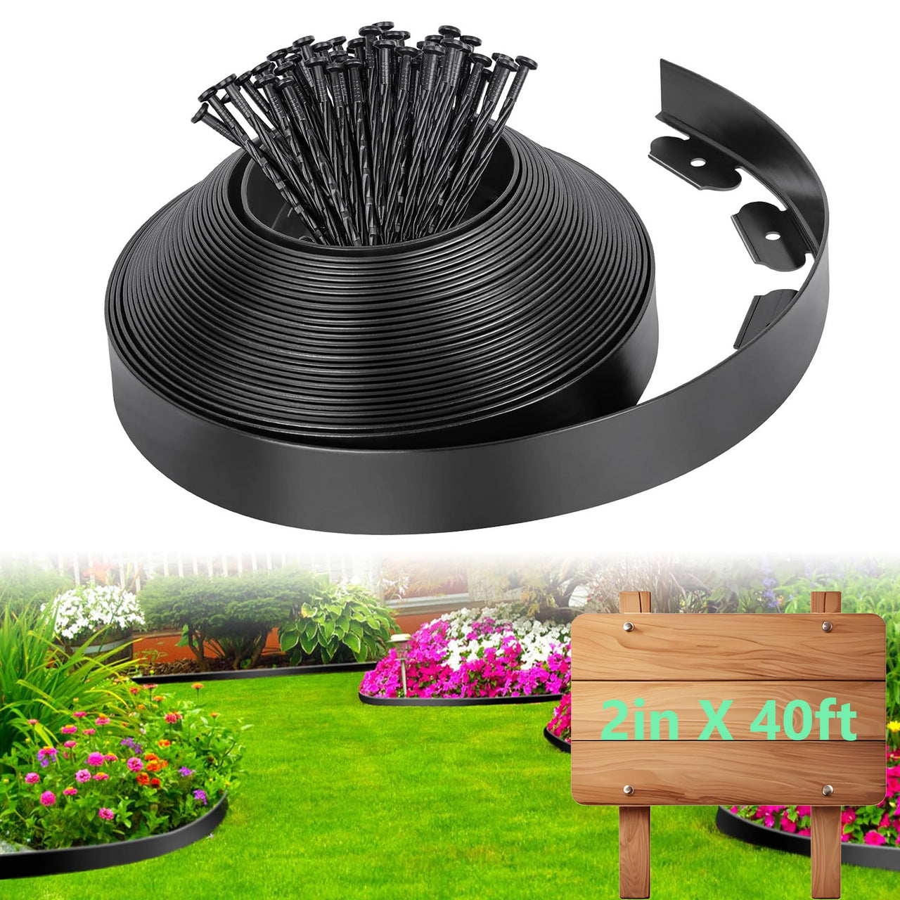 Loaddvni Garden Landscape Edging Kit, 40-Foot Long, 2-Inch Tall with 80 Anchoring Spikes, No Dig Lawn Border Design for Garden Flower Beds Lawn Yard Paver Pathway (Black)