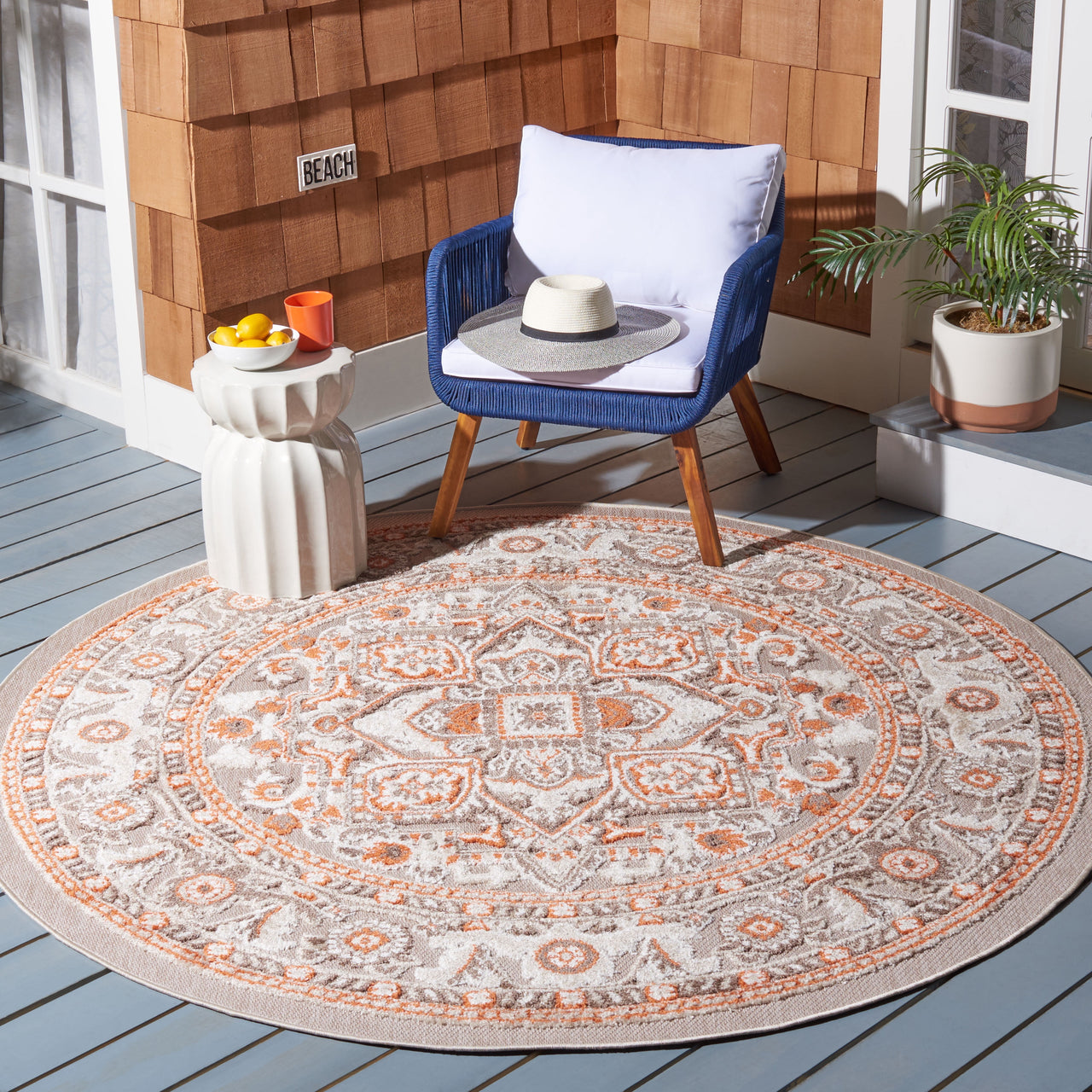 SAFAVIEH Cabana Greta Beige/Orange 2'2"X9' Runner Indoor/Outdoor Area Rug Beige/Orange, 6'7" x 6'7" Round