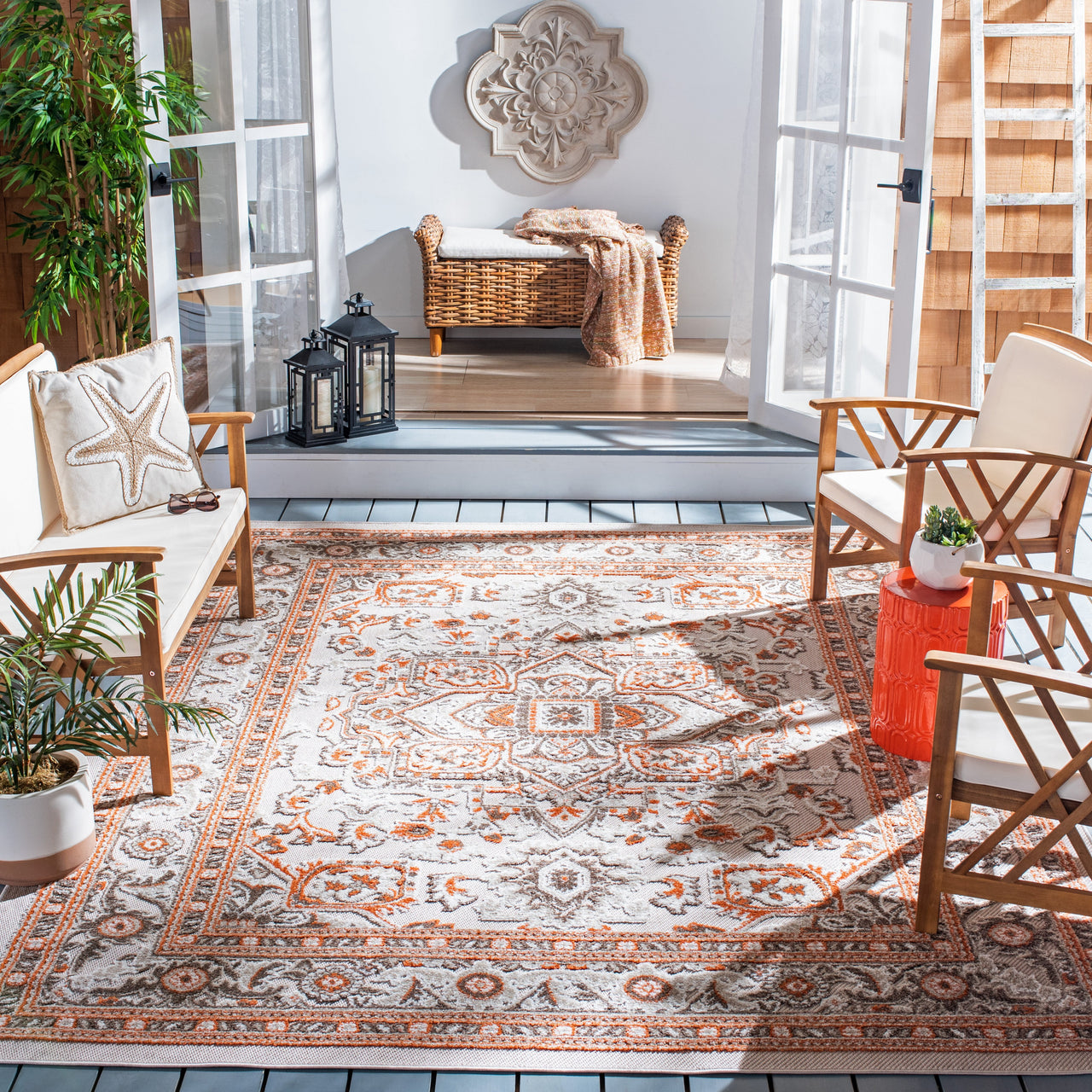 SAFAVIEH Cabana Greta Beige/Orange 2'2"X9' Runner Indoor/Outdoor Area Rug Beige/Orange, 6'7" x 6'7" Round