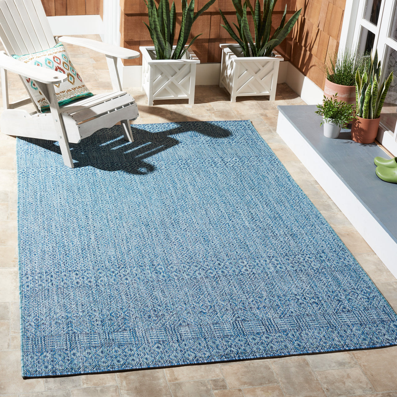 SAFAVIEH Courtyard Evander Geometric Indoor/Outdoor Area Rug, Gray/Blue, 5'3" x 7'7"
