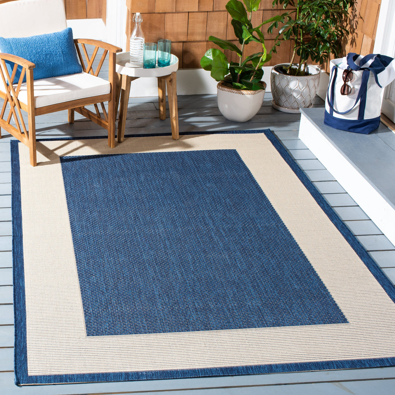 Safavieh Courtyard Justine Bordered Indoor/Outdoor Area Rug, Beige/Navy, 5'3" x 7'7"