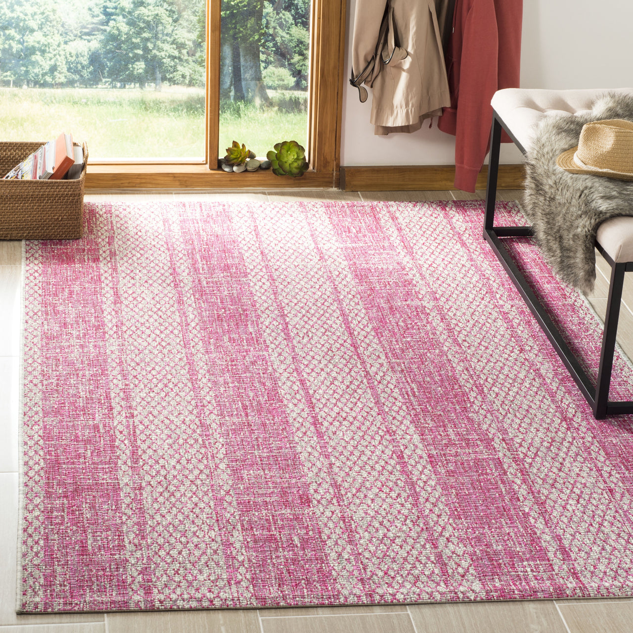 SAFAVIEH Courtyard Robert Striped Indoor/Outdoor Area Rug, 5'3" x 7'7", Light Beige/Light Brown