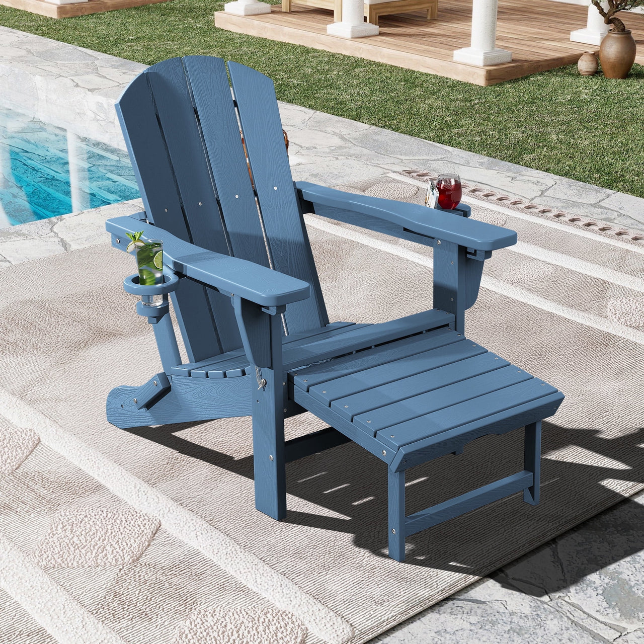SERWALL Adjustable Folding Adirondack Chair with Footrest & Dual Cup Holders Set of 2, HDPE Foldable Multifunctional Adirondack Chair with Ottoman for Patio, Outdoor, Garden, Black