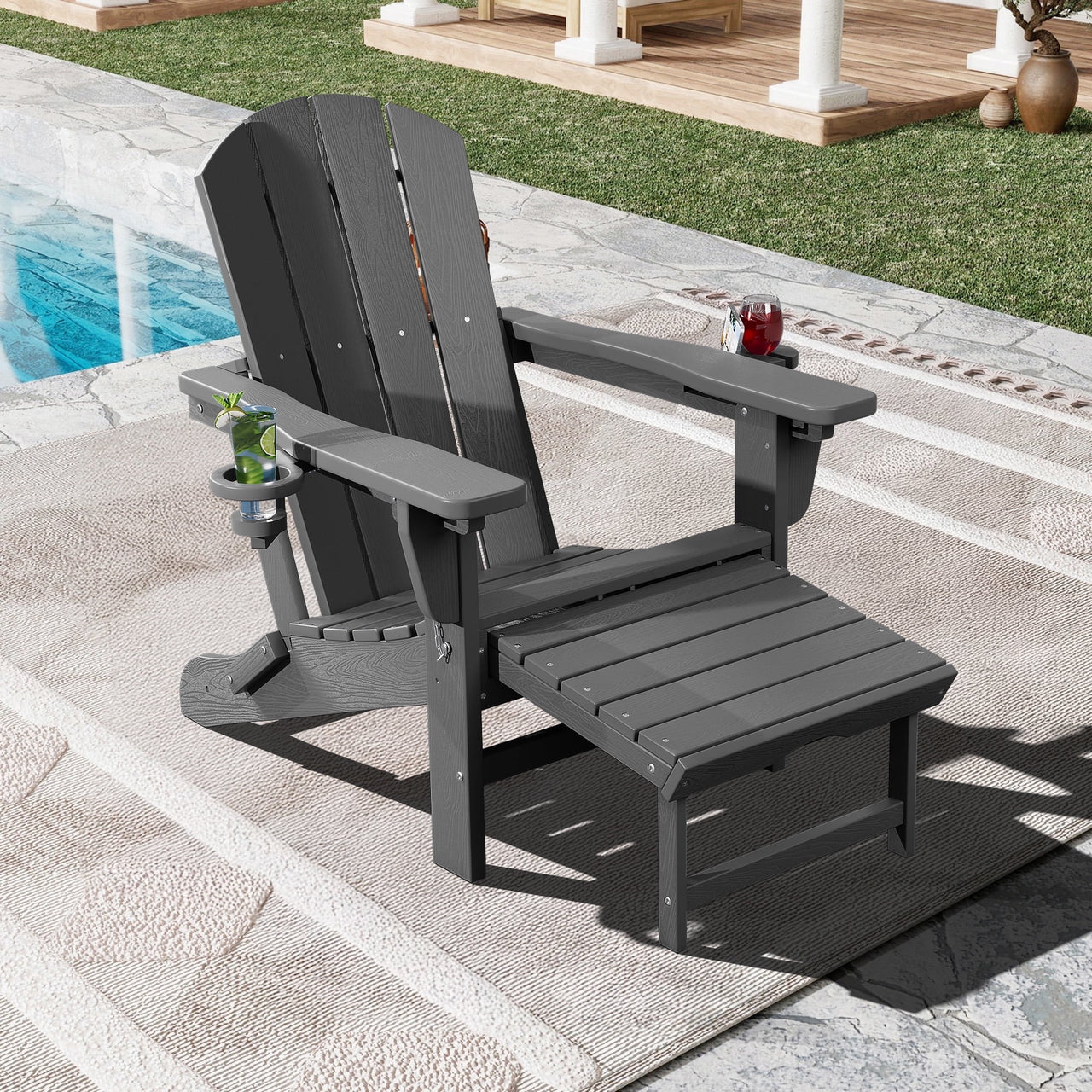 SERWALL Adjustable Folding Adirondack Chair with Footrest & Dual Cup Holders Set of 2, HDPE Foldable Multifunctional Adirondack Chair with Ottoman for Patio, Outdoor, Garden, Black
