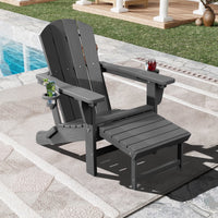 SERWALL Adjustable Folding Adirondack Chair with Footrest & Dual Cup Holders Set of 2, HDPE Foldable Multifunctional Adirondack Chair with Ottoman for Patio, Outdoor, Garden, Black