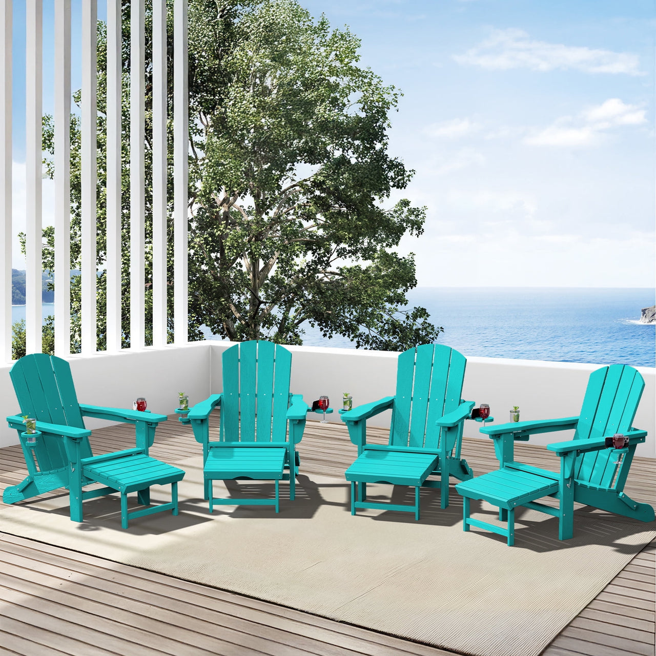 SERWALL Adjustable Folding Adirondack Chair with Footrest & Dual Cup Holders Set of 2, HDPE Foldable Multifunctional Adirondack Chair with Ottoman for Patio, Outdoor, Garden, Black