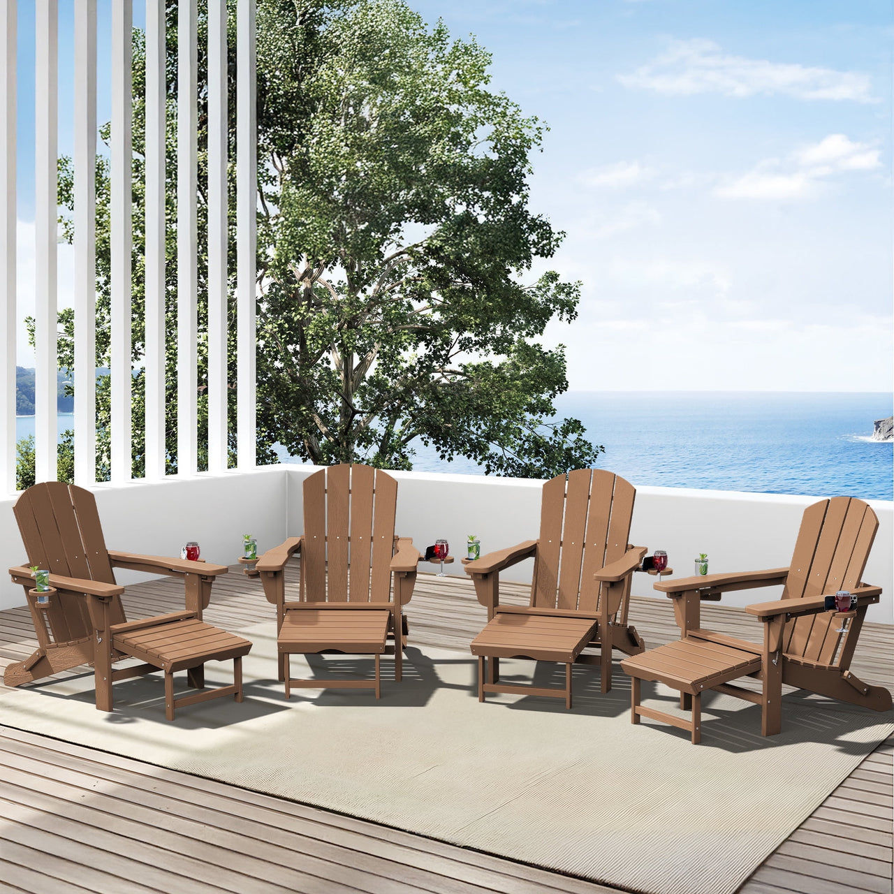 SERWALL Adjustable Folding Adirondack Chair with Footrest & Dual Cup Holders Set of 2, HDPE Foldable Multifunctional Adirondack Chair with Ottoman for Patio, Outdoor, Garden, Black