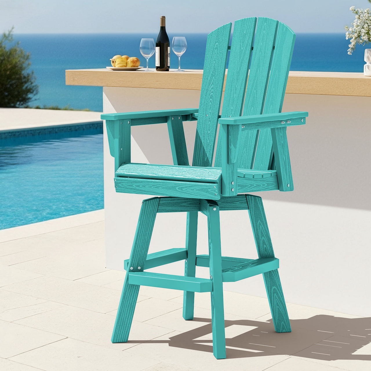 SERWALL HDPE Outdoor Swivel Bar Chairs Set of 2, Bar Height Adirondack Barstools, All Weather Pub Bar Chair, Black