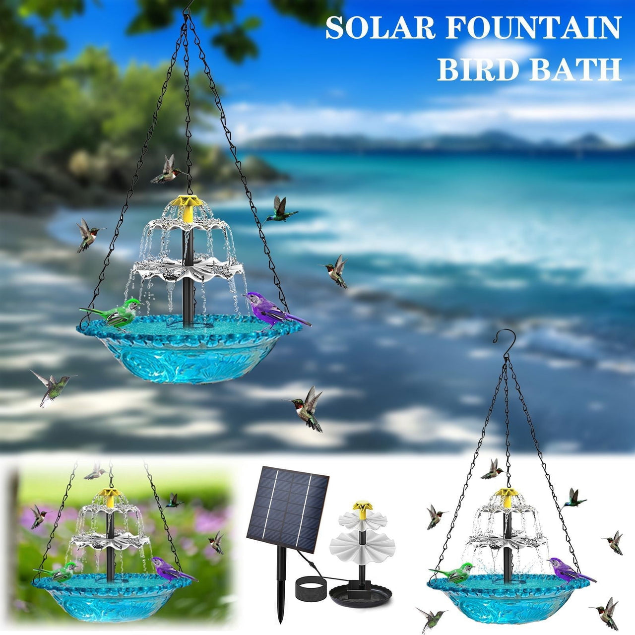 Solar-Powered Bird Bath – Outdoor Garden Fountain with Floating & Hanging Design, Attracts Hummingbirds & Wild Birds
