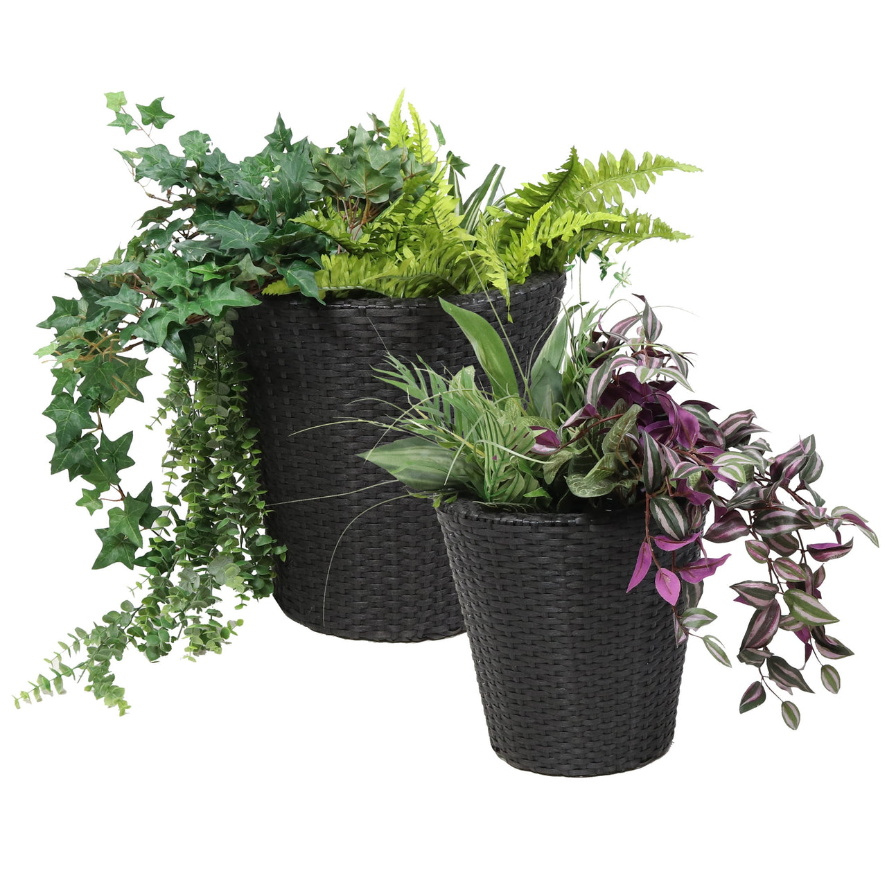 Sunnydaze Modern Assorted Round Black Polyrattan Indoor Planter with Liner 2-Count