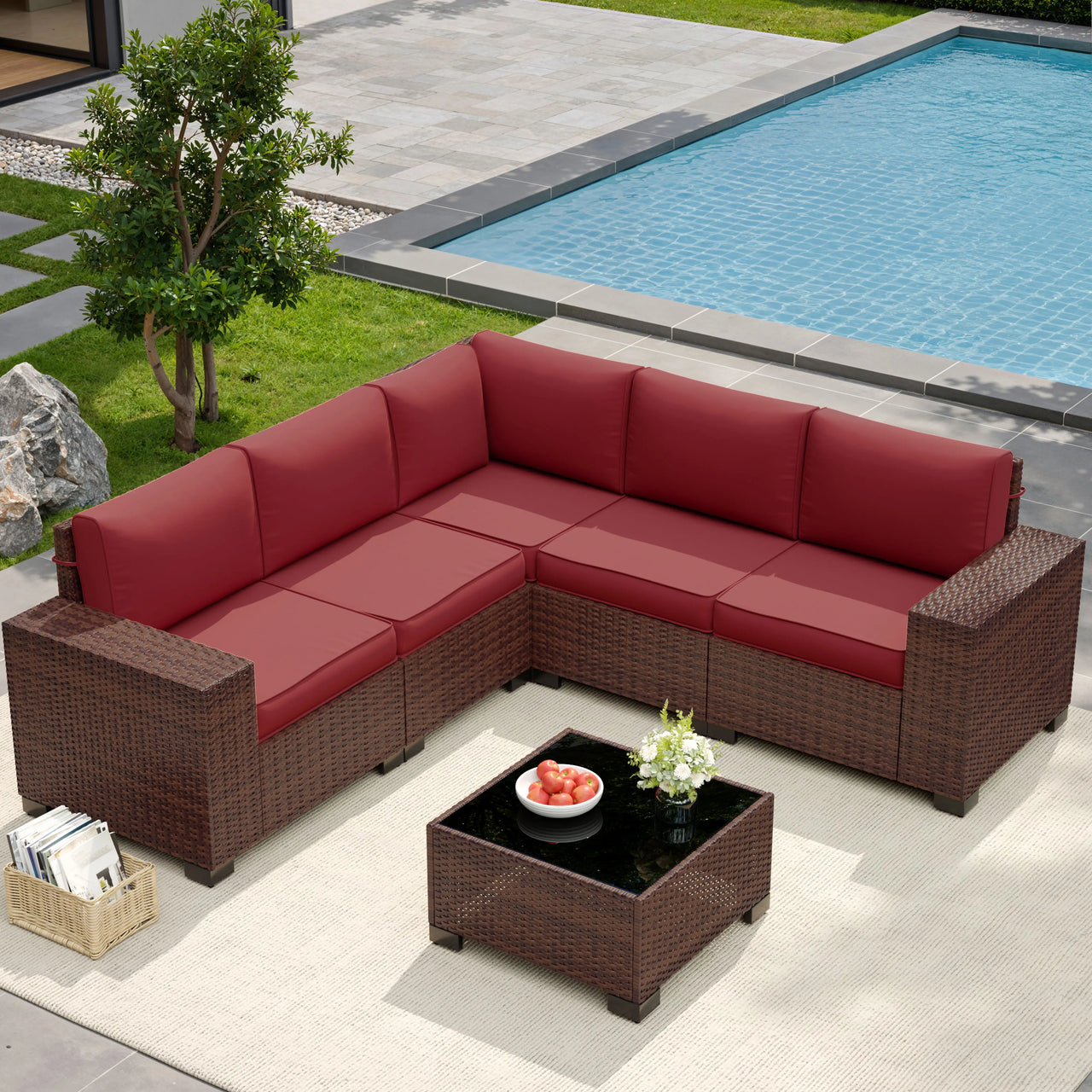 UDPATIO 6-Piece Patio Furniture Set, Outdoor Patio Sofa Set With Wide Armrest, All-Weather Wicker Rattan Guest Set With Cushion And Glass Table And Waterproof Cover, Brown & Navy Blue