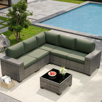 UDPATIO 6-Piece Patio Furniture Set, Outdoor Patio Sofa Set With Wide Armrest, All-Weather Wicker Rattan Guest Set With Cushion And Glass Table And Waterproof Cover, Brown & Navy Blue